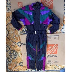 Couloir Ski Suit One Piece Snowsuit Snow Bib Green Purple Retro Vintage 80s